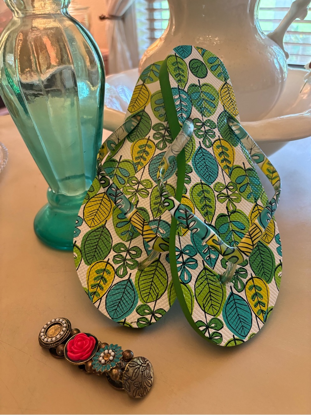 Vera Bradley Leaf-Print Flip Flops in Green, Teal & Yellow